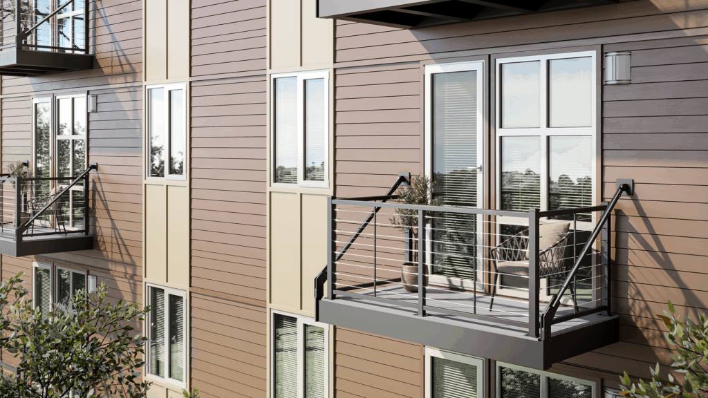 Cable infill on a prefabricated aluminum balcony.
