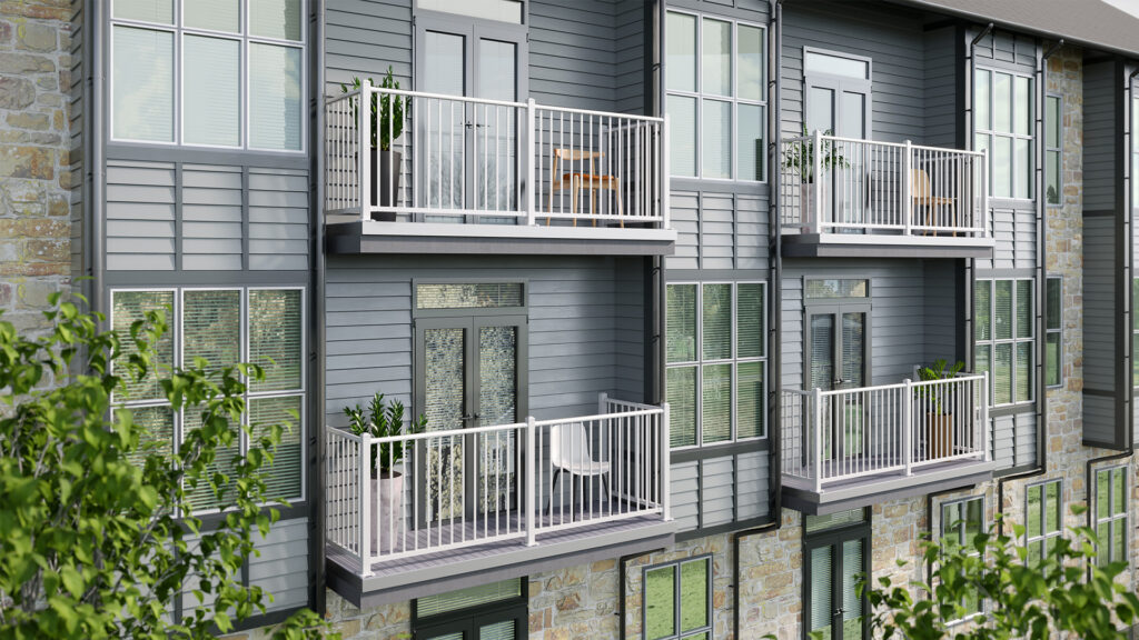 Prefabricated alumimum balcony on a multifamily project.
